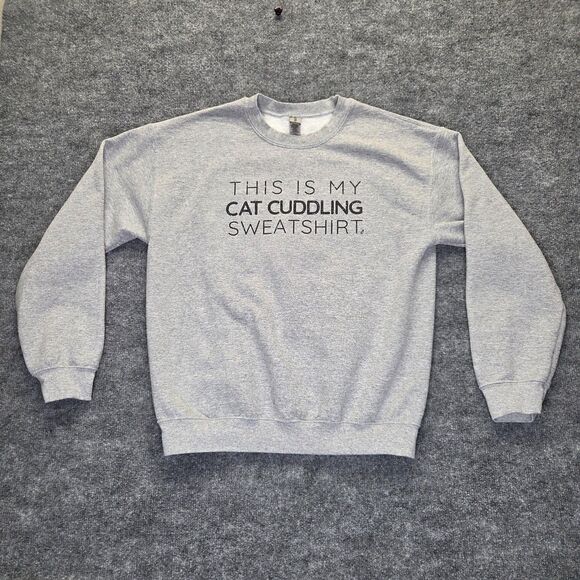 Gildan Sweatshirt Medium Gray Cat Cuddling Crewneck Heavy Blend Pullover - Picture 2 of 7